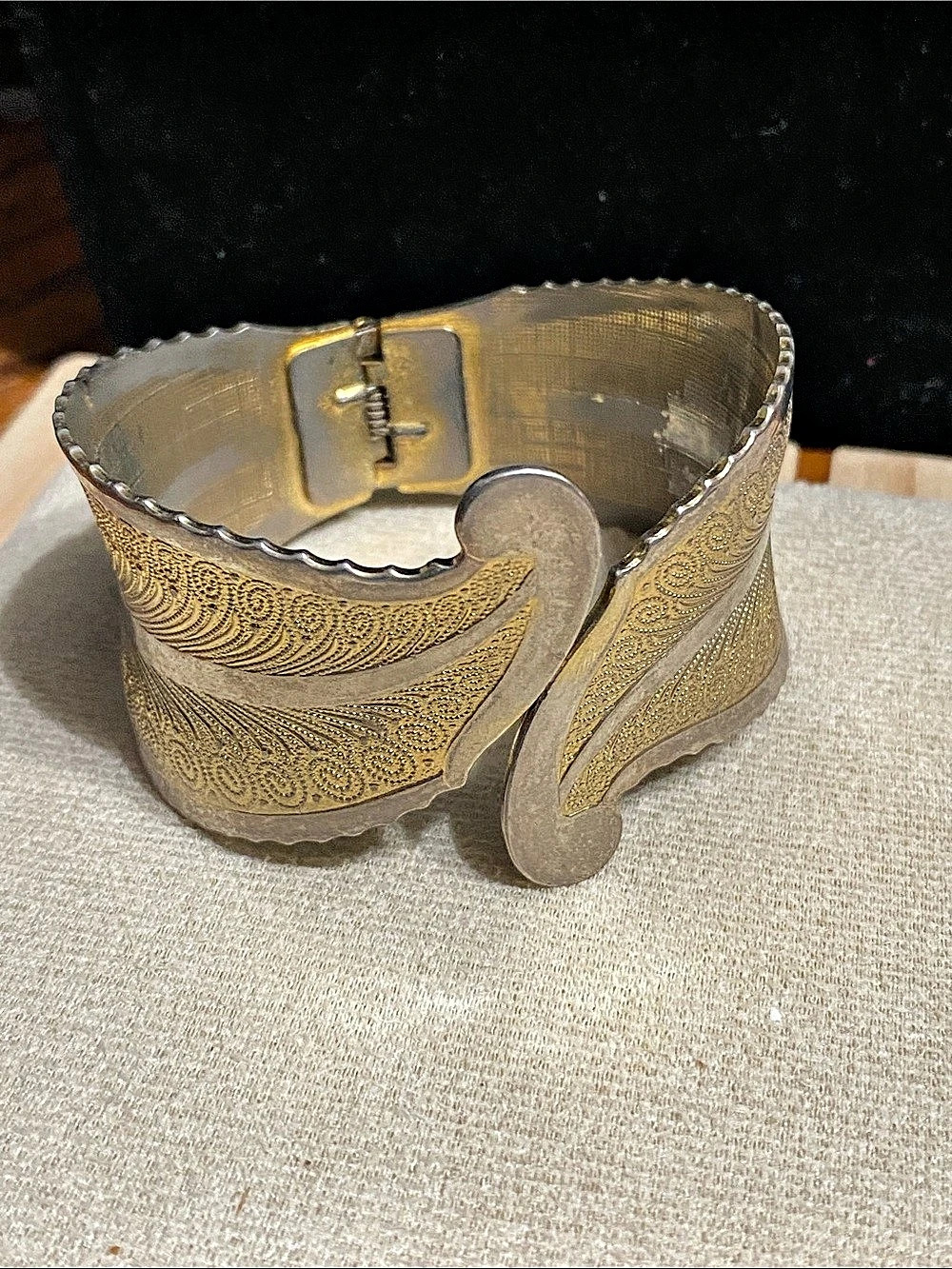 Engraved Hinged Cuff Bracelet in Gold & Silver